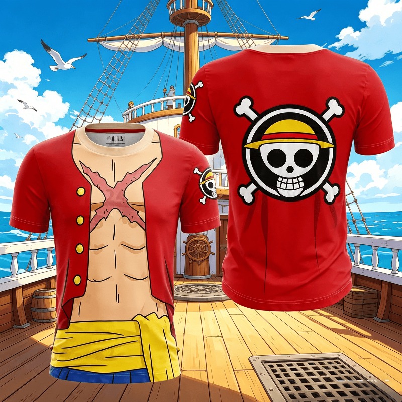 3D Printing Luffy - 2026年新作 ルフィコスプレTシャツ ワンピース 3Dプリント キッズ半袖トップス コミック展示会テーマ衣装