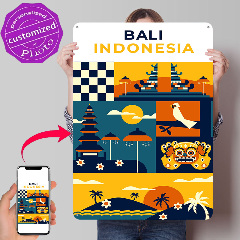 3D Printing Indonesia - バリ島インドネシア旅行3Dテクスチャプリントポスターカスタムヴィンテージメタルティンプレートサイン壁飾りリビングルーム装飾品
