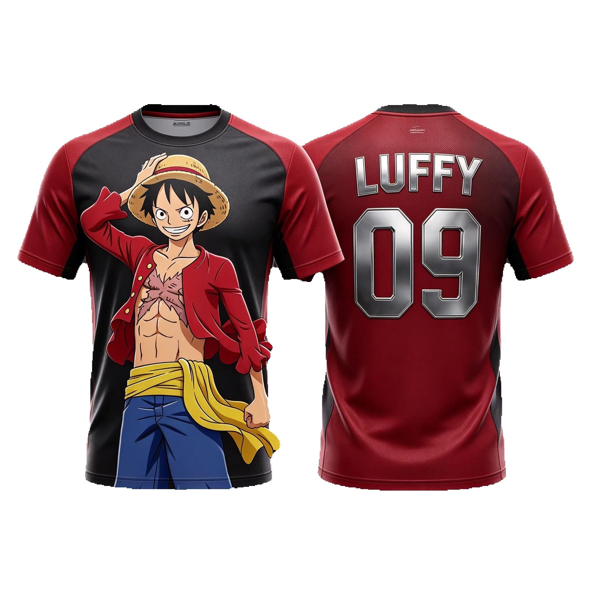 3D Printing Luffy - ワンピース モンキー・D・ルフィ スペイン代表チーム 3D速乾Tシャツ メンズ レディース