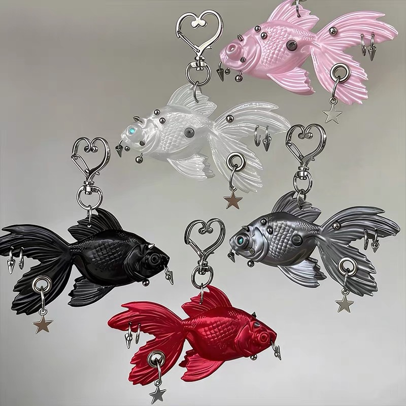 3D Printing Titanium - ニューゴシックパンク金魚3Dプリントペンダントキーホルダー オリジナルチタン鋼 ダークロック 個性的なニッチデザイン バッグデコレーション